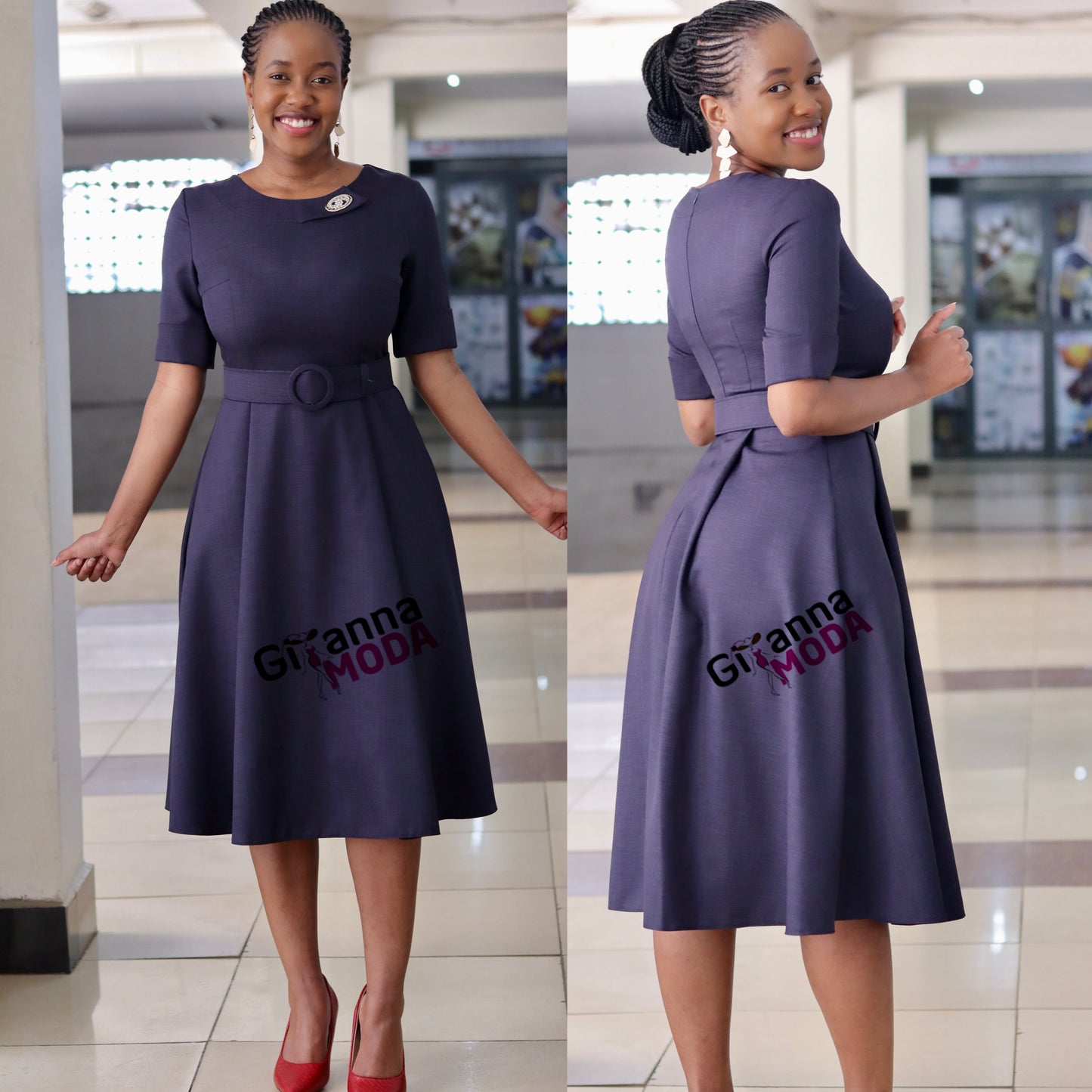 Navy Belted Skater Dress