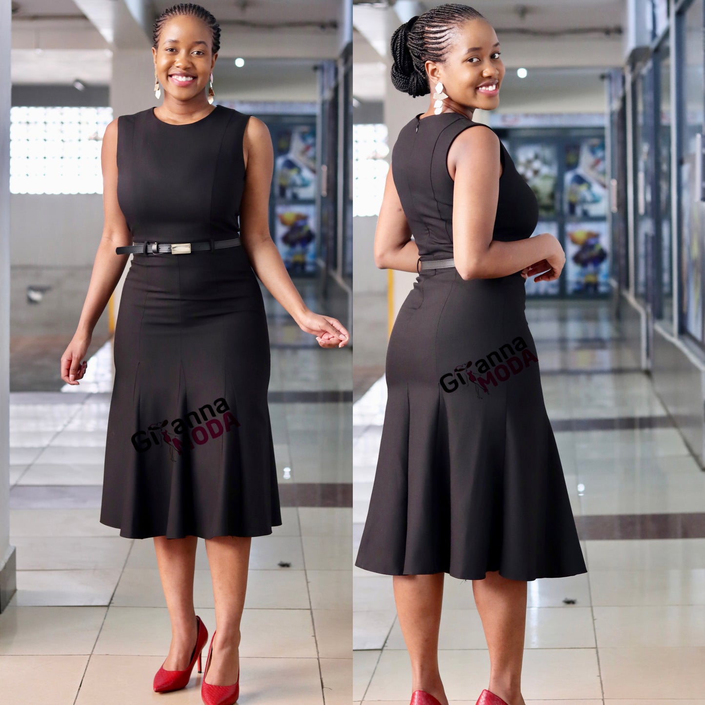 Black Princess Seam Belted Dress