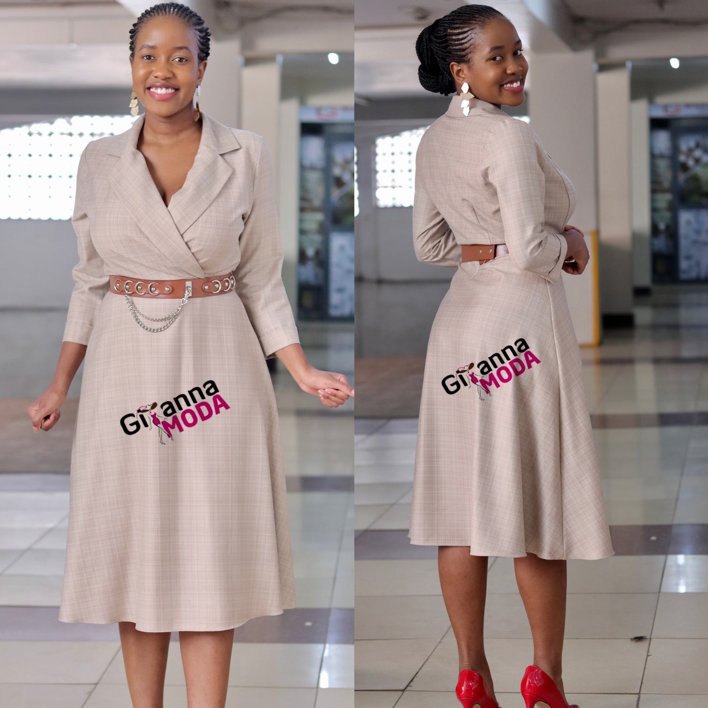 Beige Belted Sleeved Skater Dress