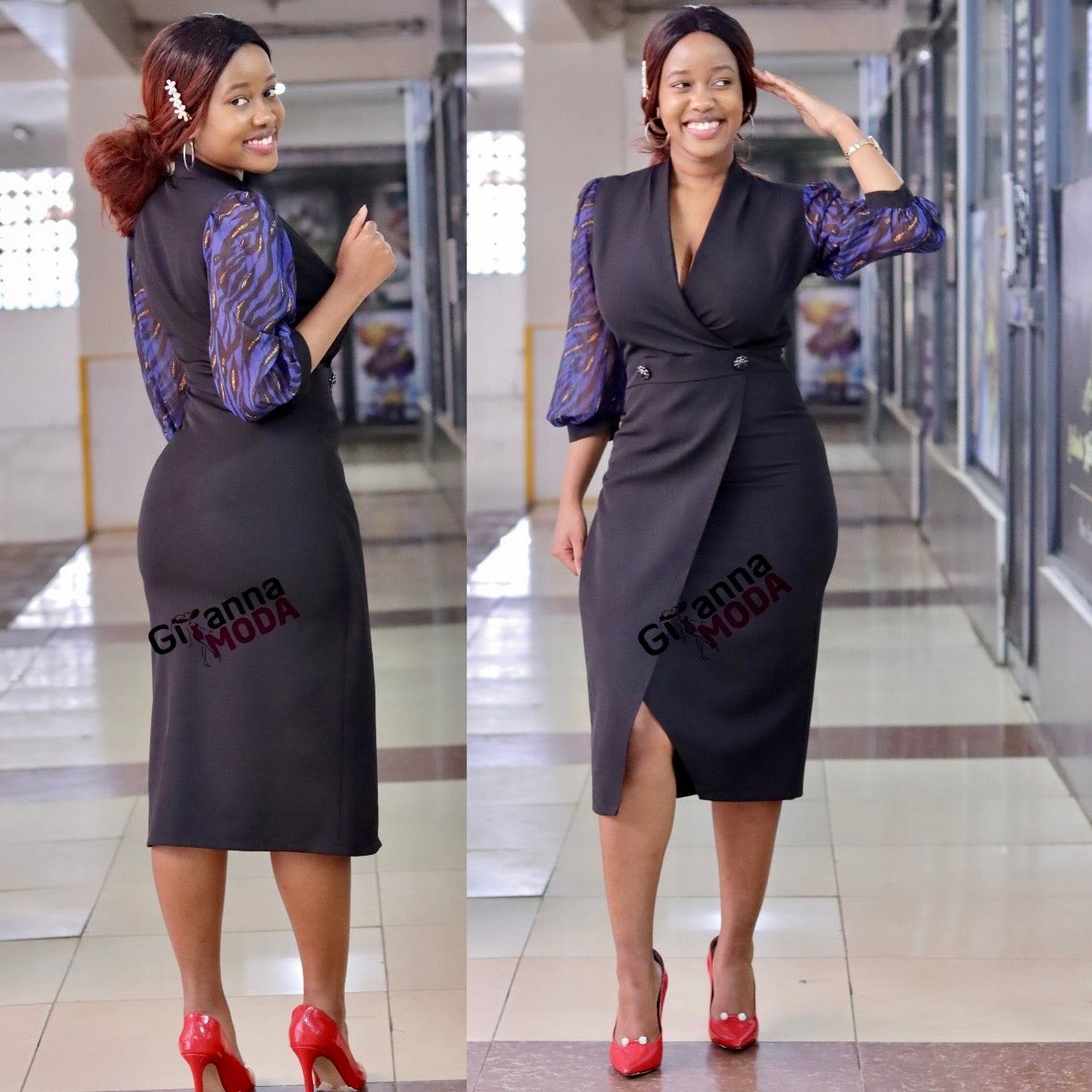 Black Floral Sleeved Contrast Dress