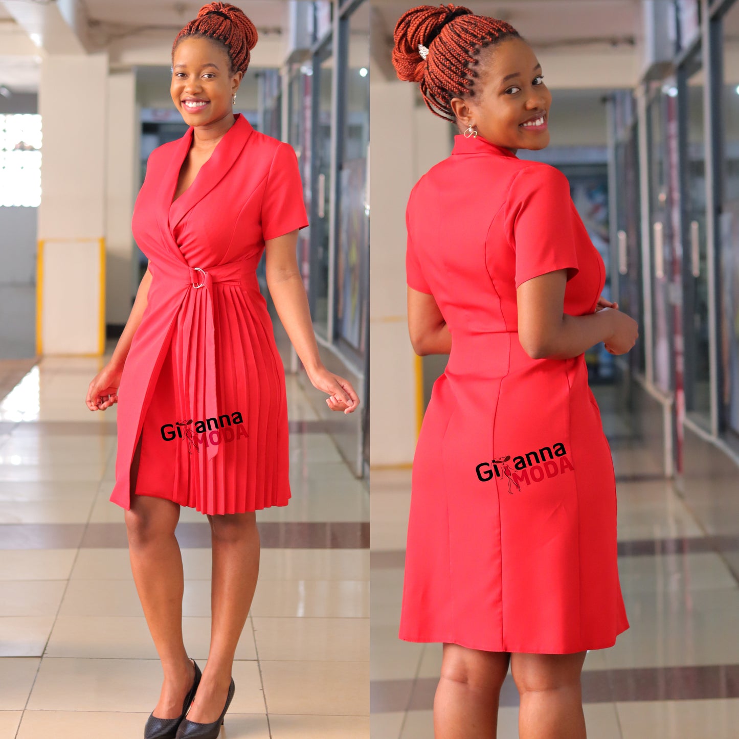 Red Side Buckle Sunray Dress