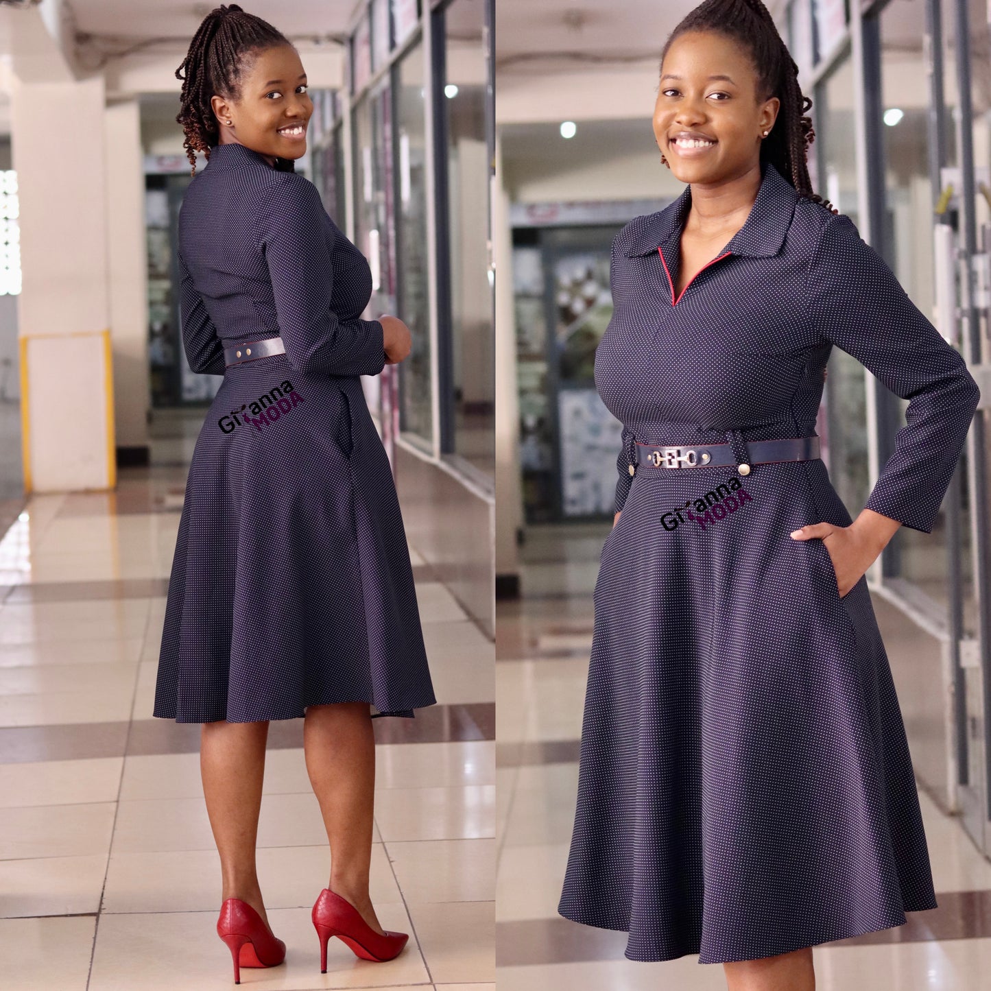 Navy Polka Collared Belted Skater Dress