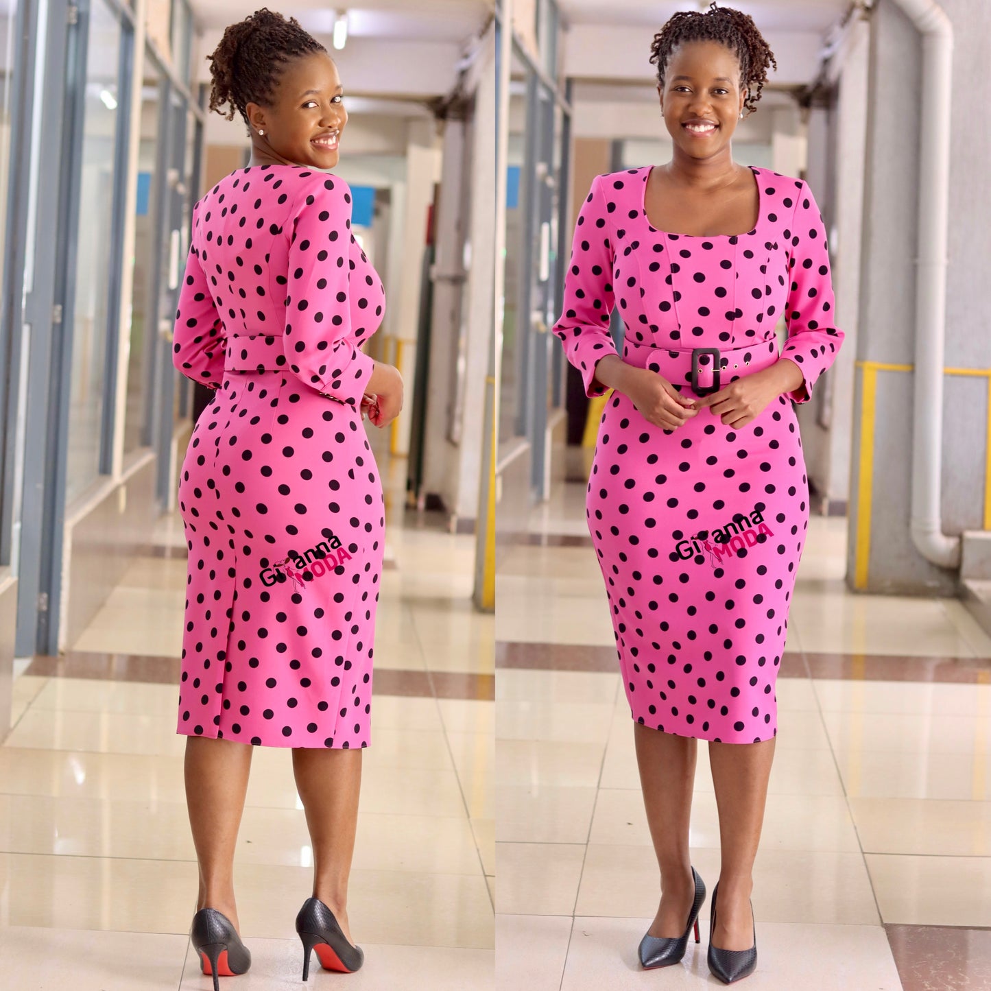 Pink Polka Belted Bodycon Dress