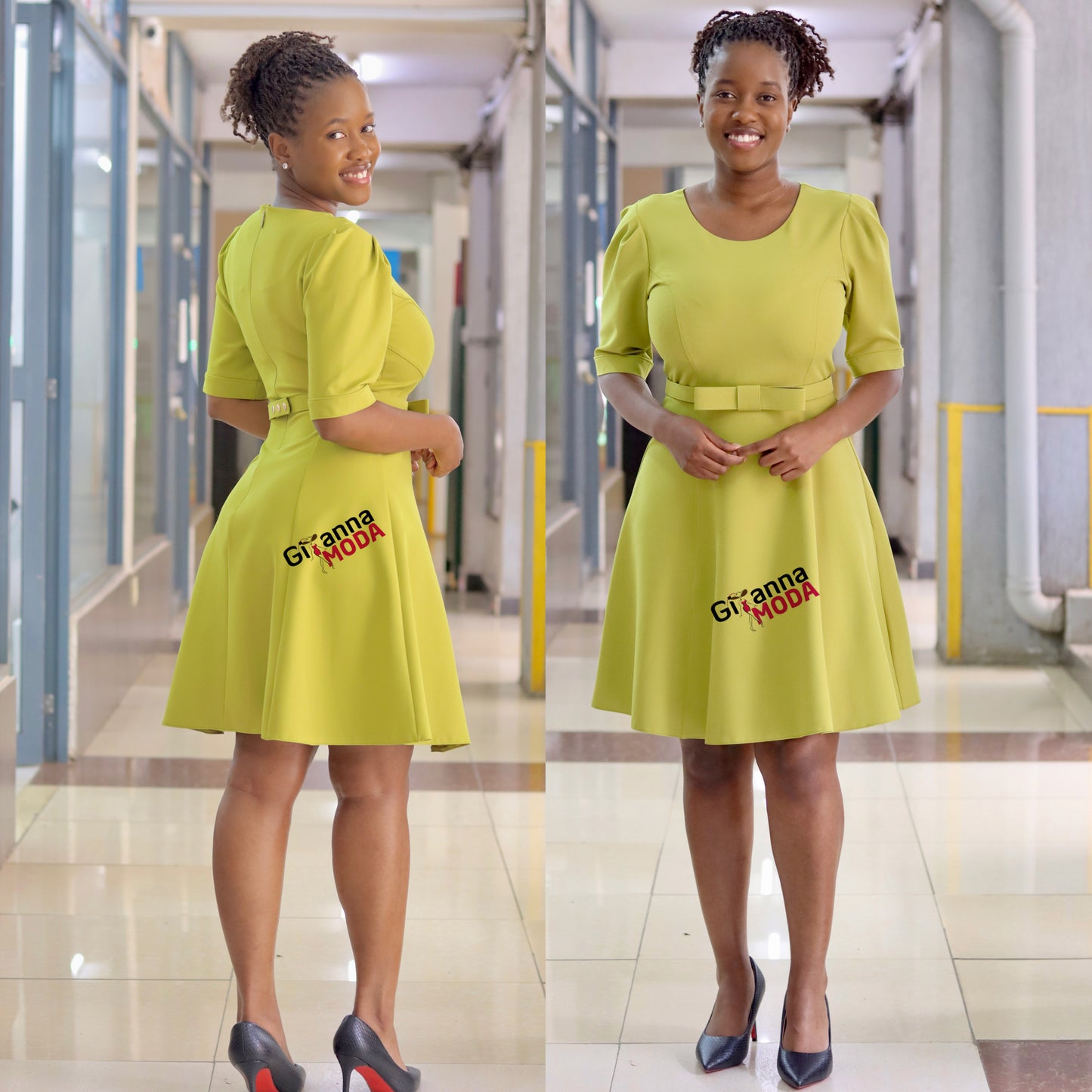 Olive Green Belted Flared Dress