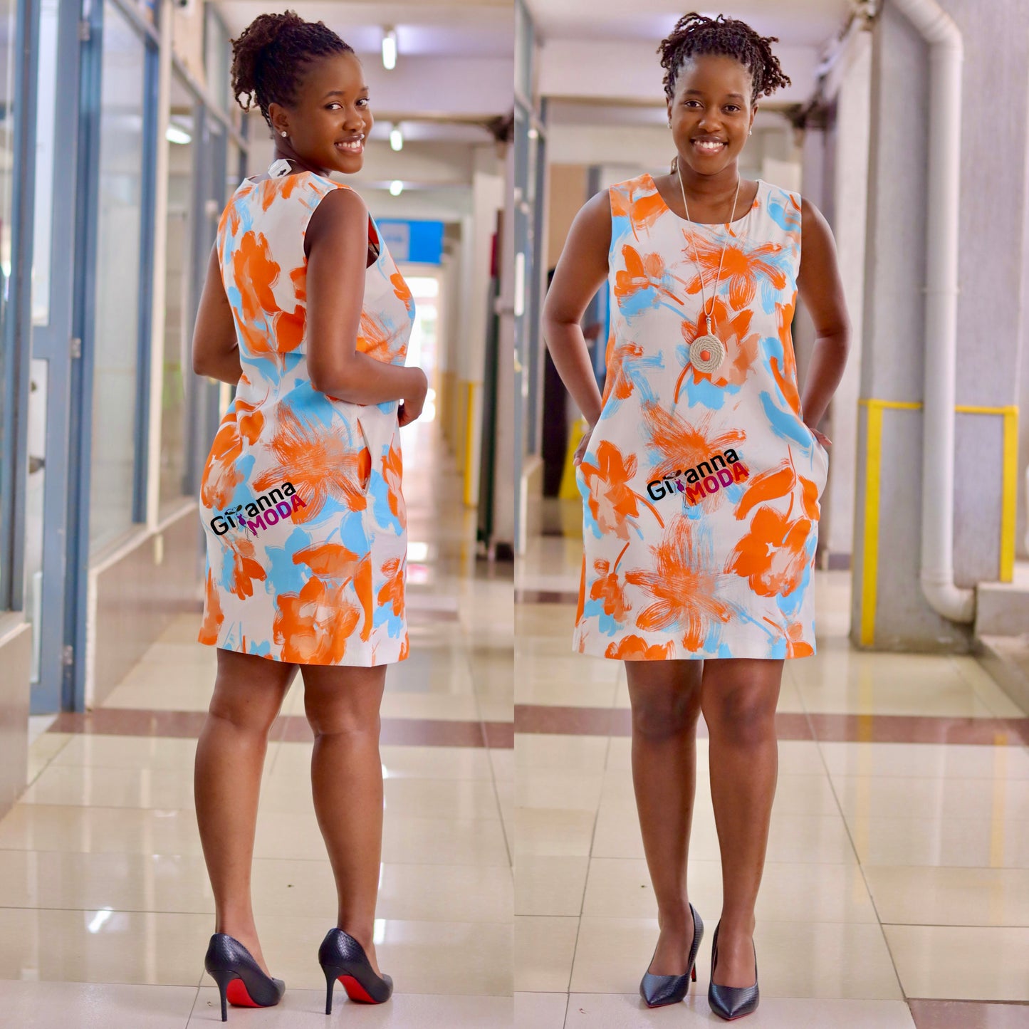 Orange and Blue Print Sleeveless Dress