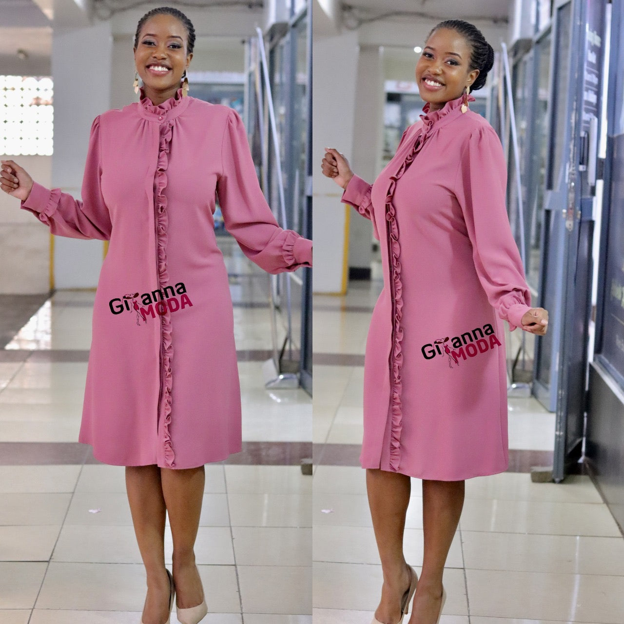 Peach Long Sleeve Frilled Shirt Dress