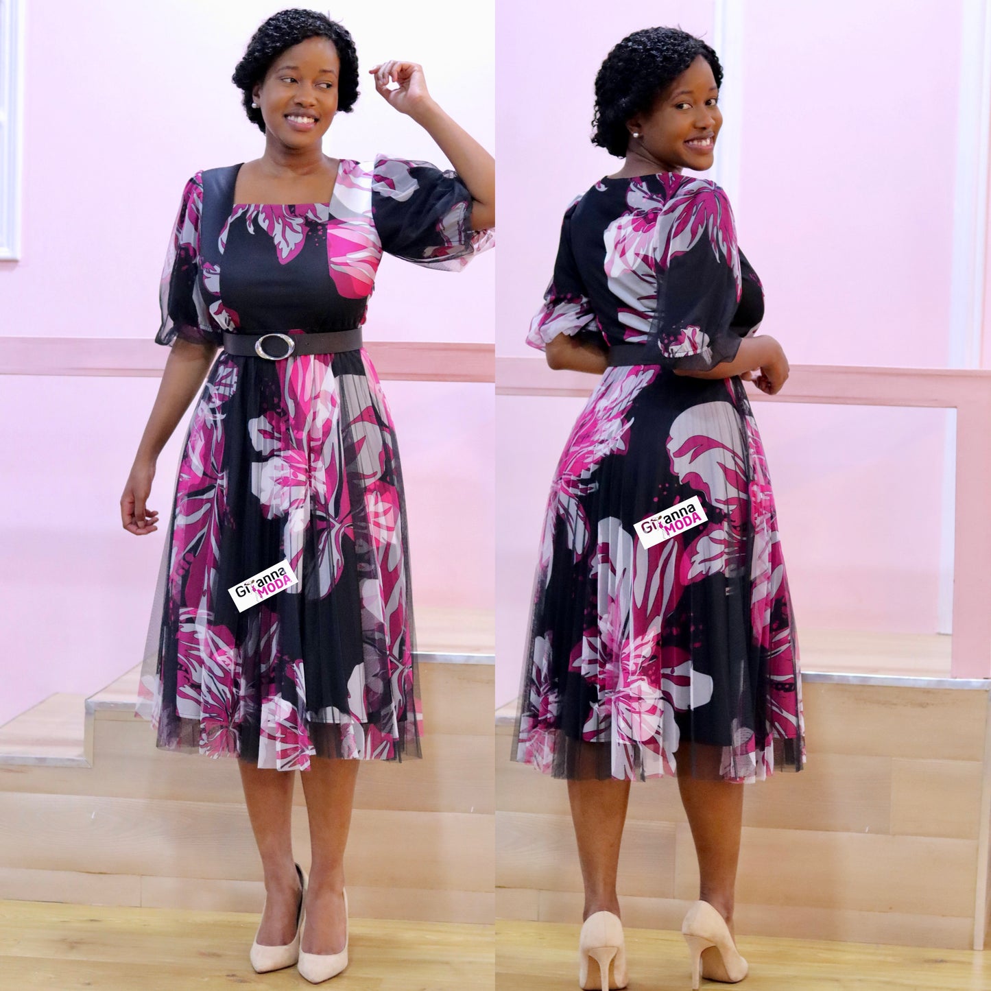 Pink Floral Sunray Pleat Dress