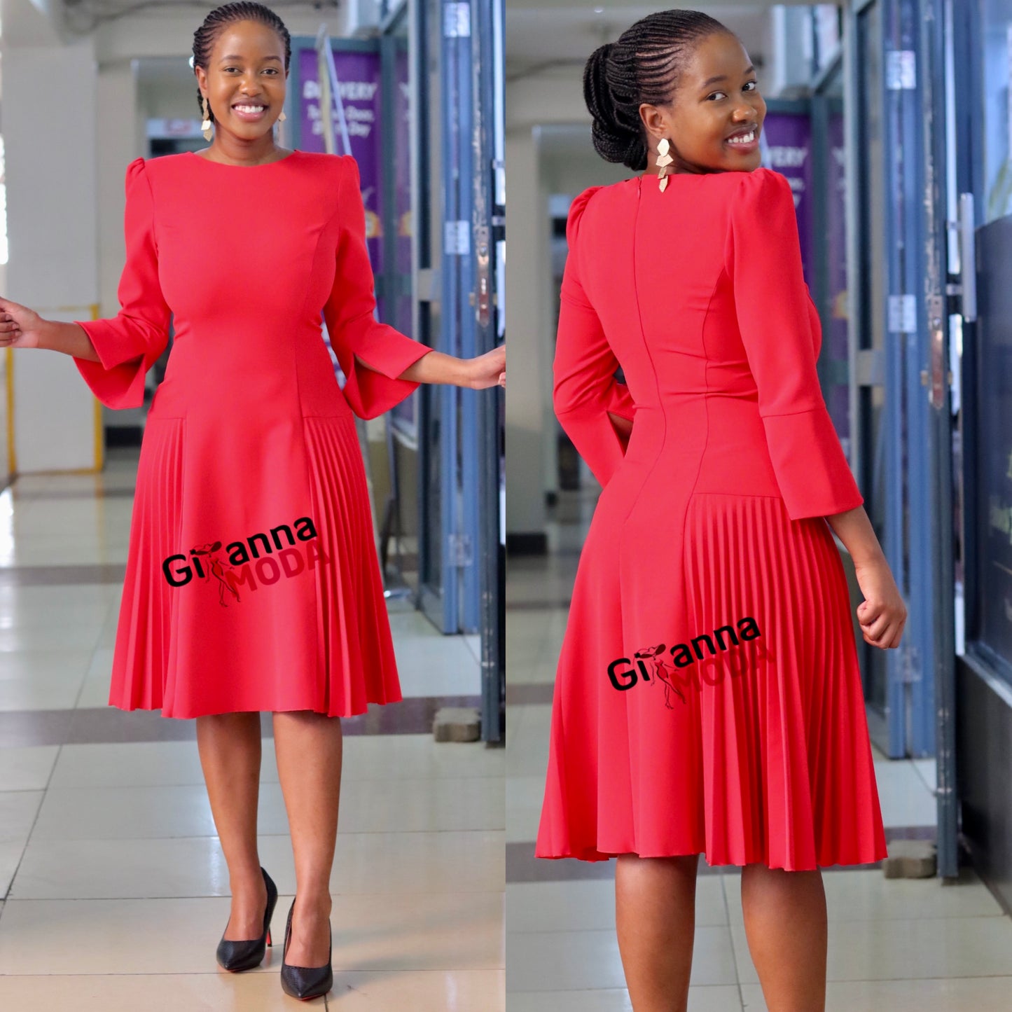 Red Waist Sunray Pleat Dress