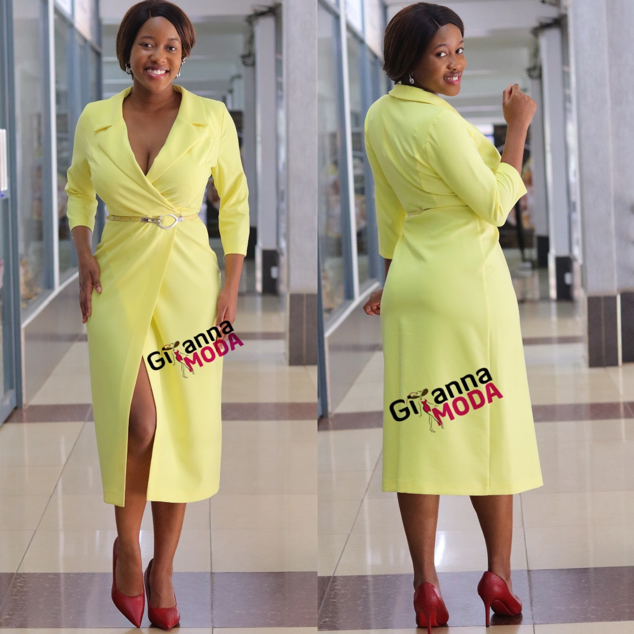 Yellow Sleeved Belted Wrap Dress