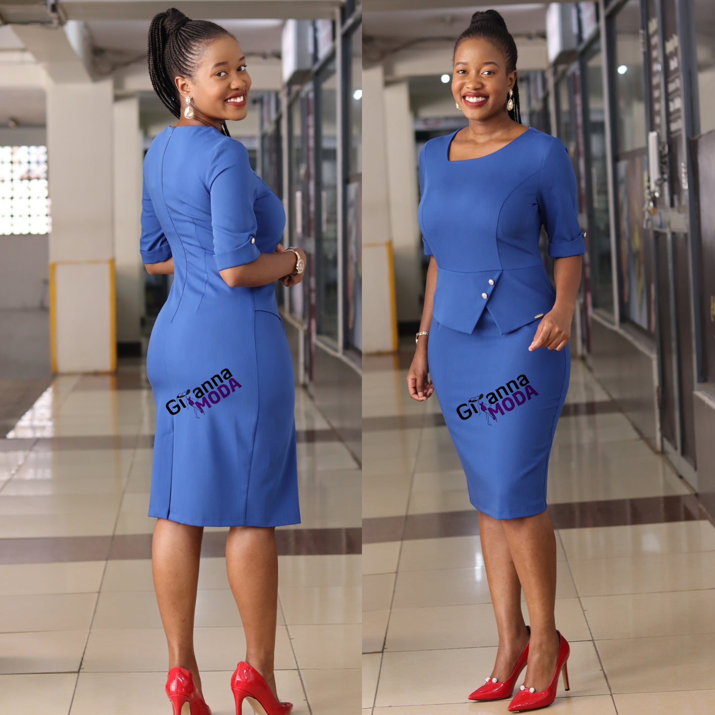 Blue Peplum Sleeved Bodycon Dress