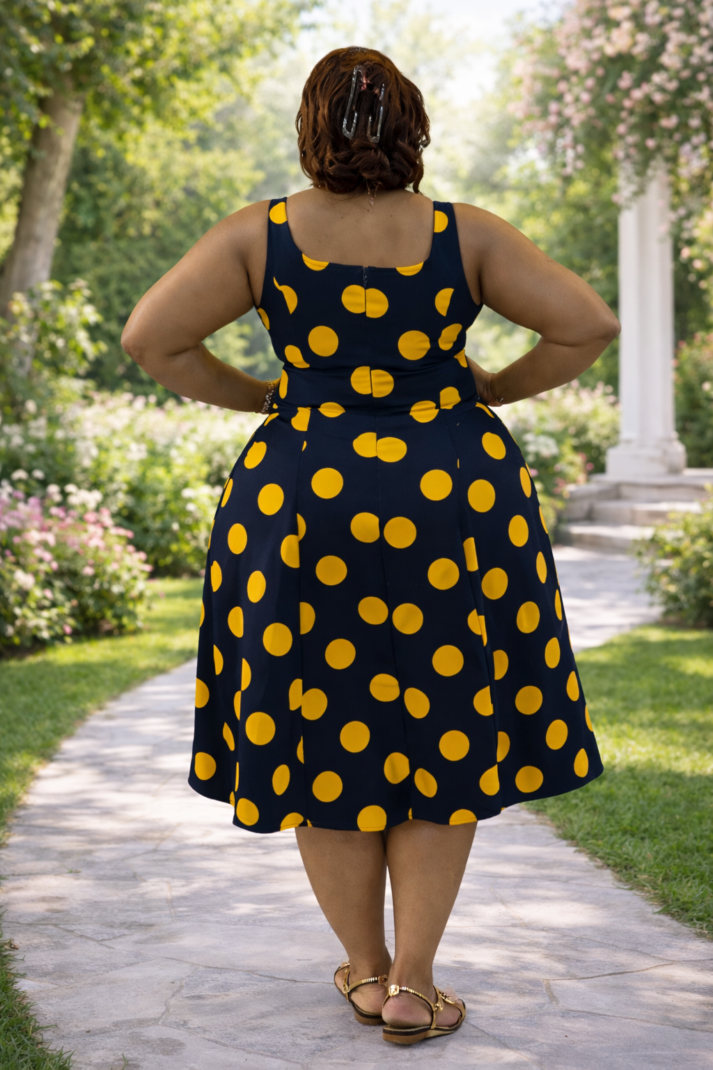 Navy Blue & Yellow Polka Dot A-Line Dress