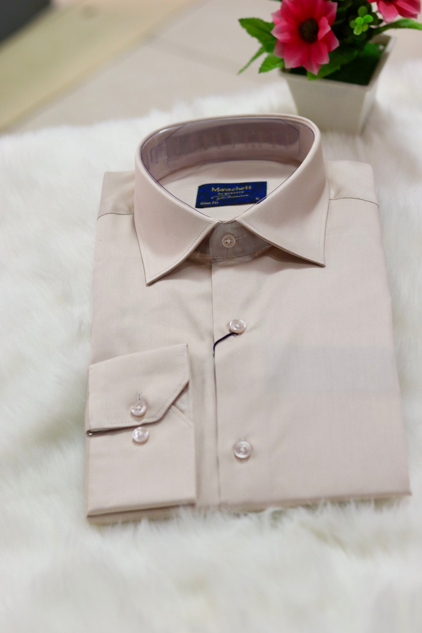 Slim Fit Mitered Cuffs Beige Men Shirt