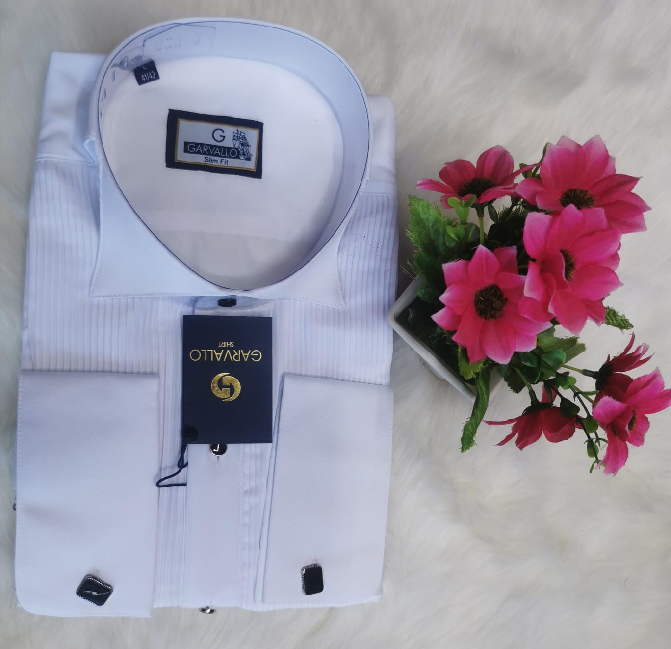 White Pleated Tuxedo French Cuff Men’s Premium Long Sleeve Shirt