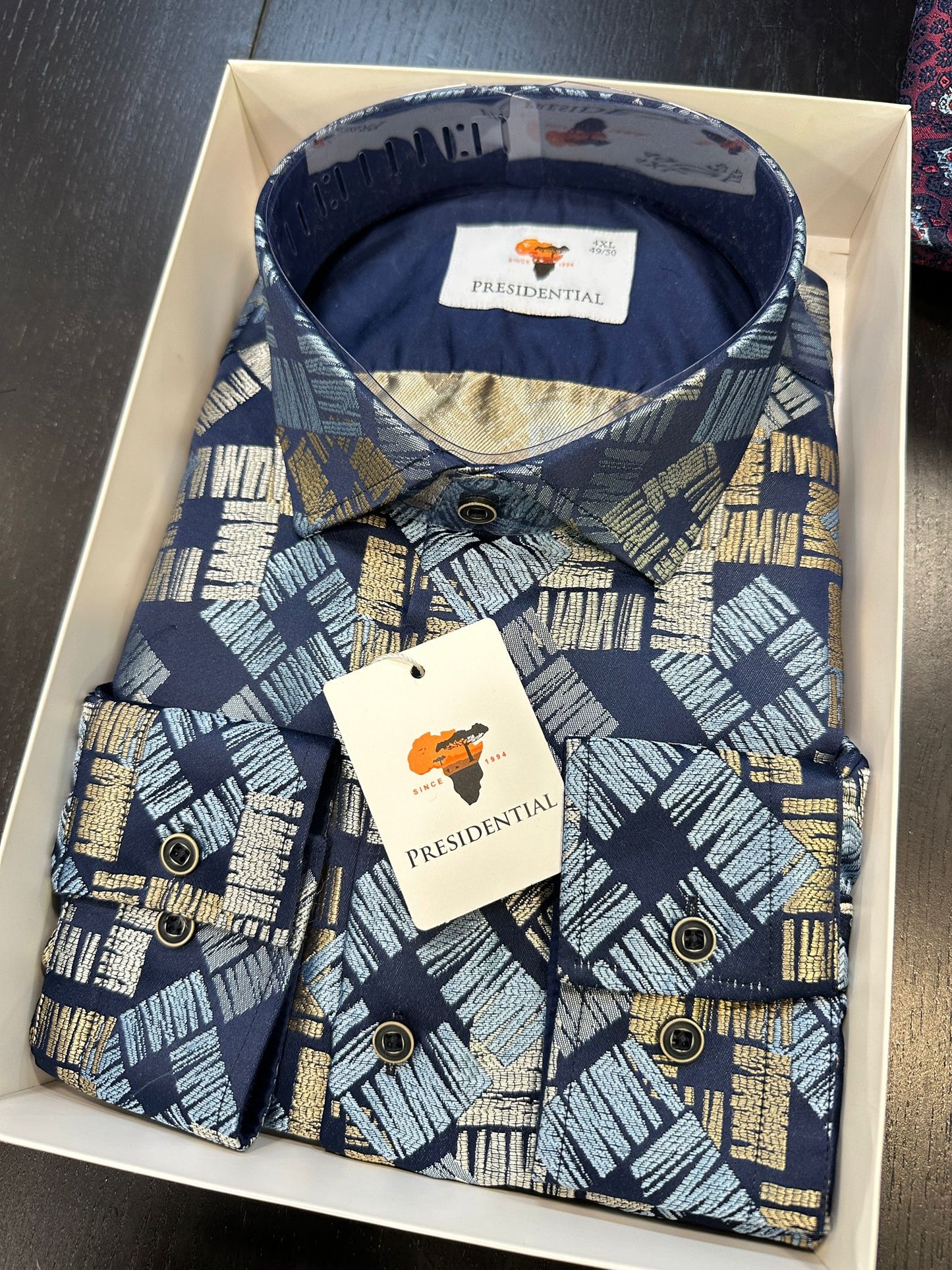 Presidential Navy Blue Geometric Pattern Luxury Shirt