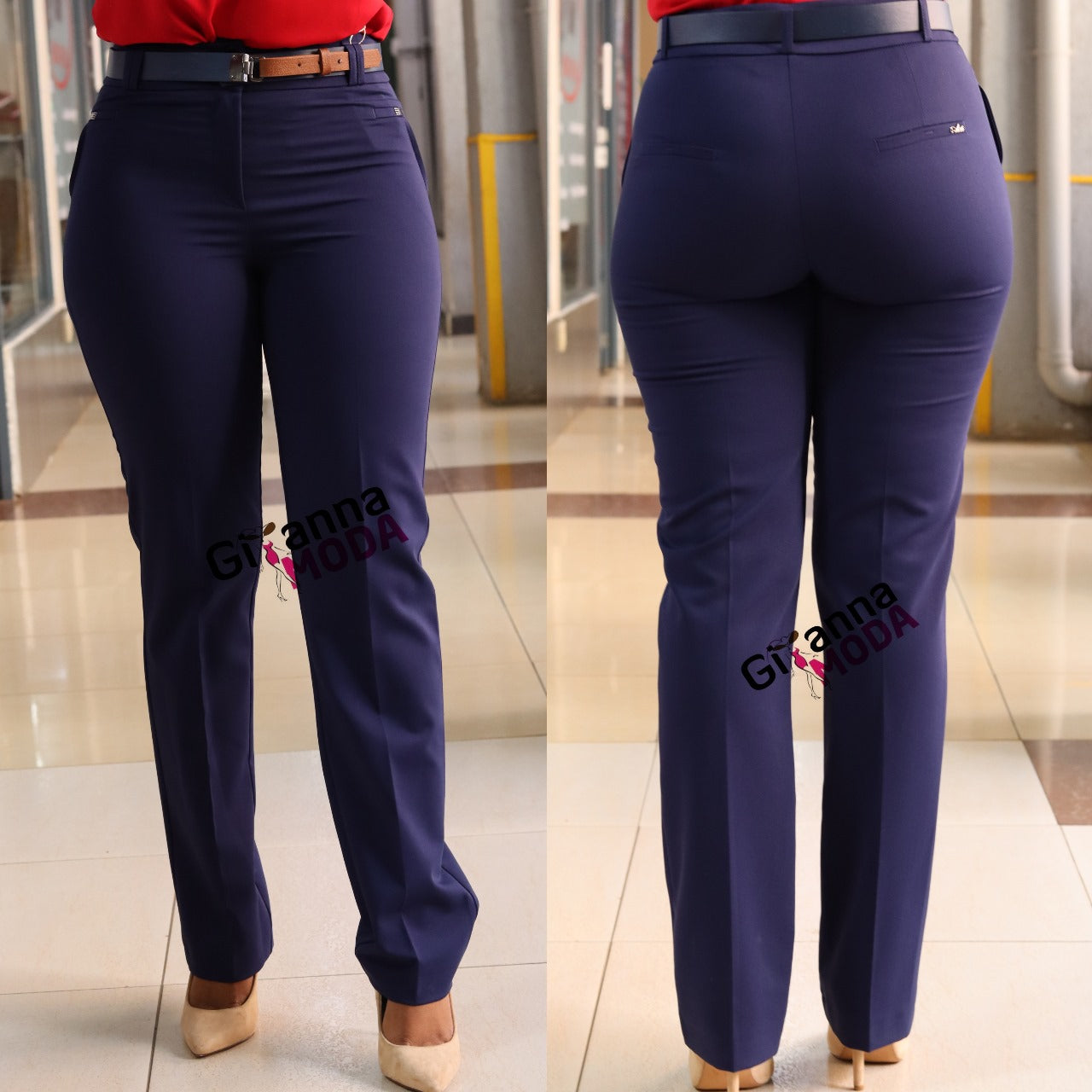 Brown Patch Belt Trouser in Royal Blue