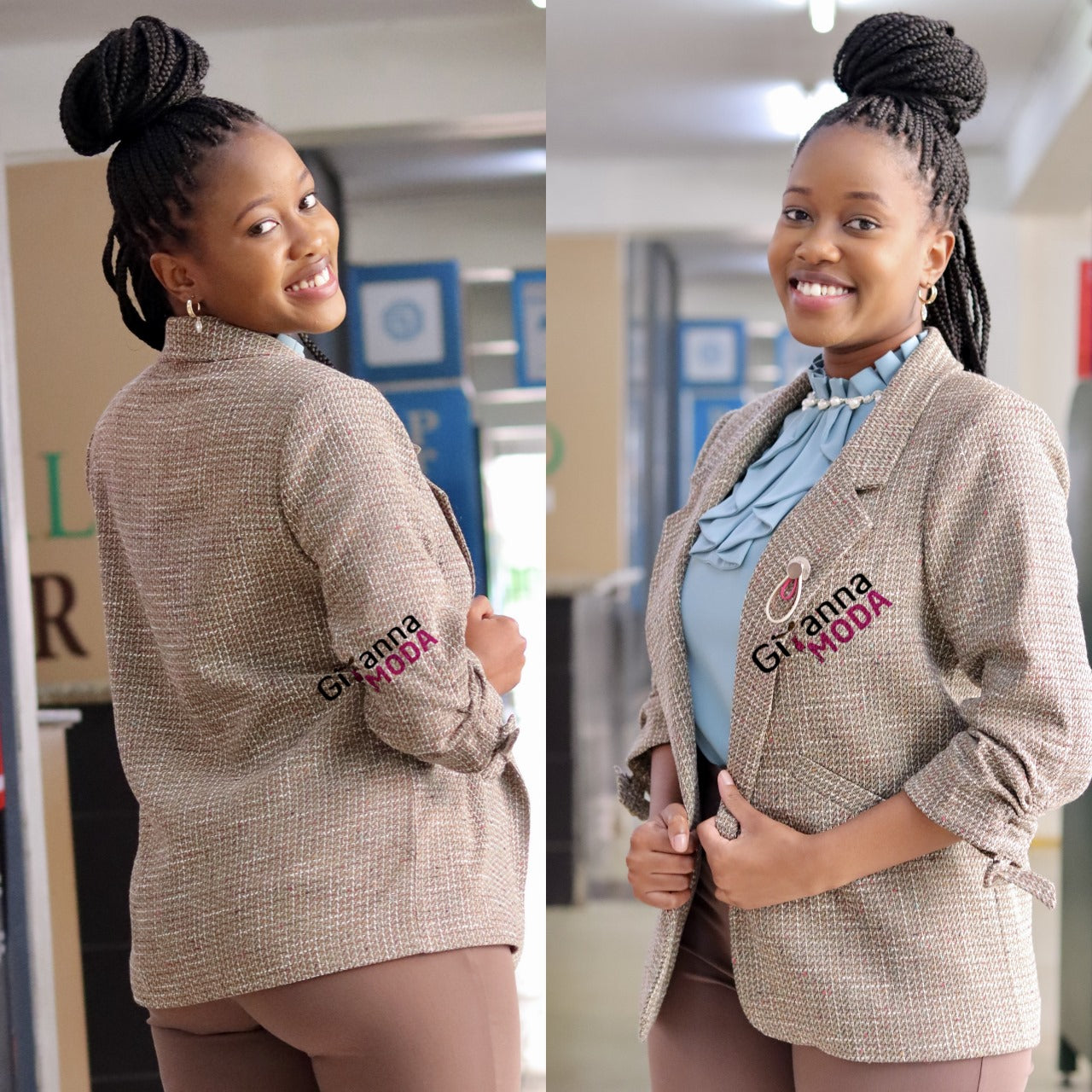 Beige Ruched Sleeve Blazer
