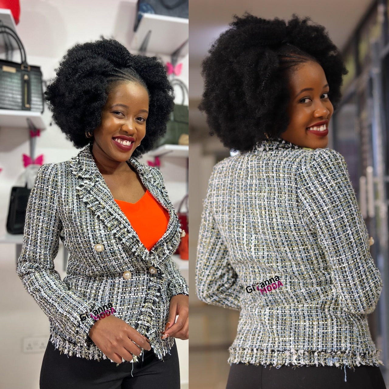 Boucle Blazer with Embellished Buttons in Black & Gold
