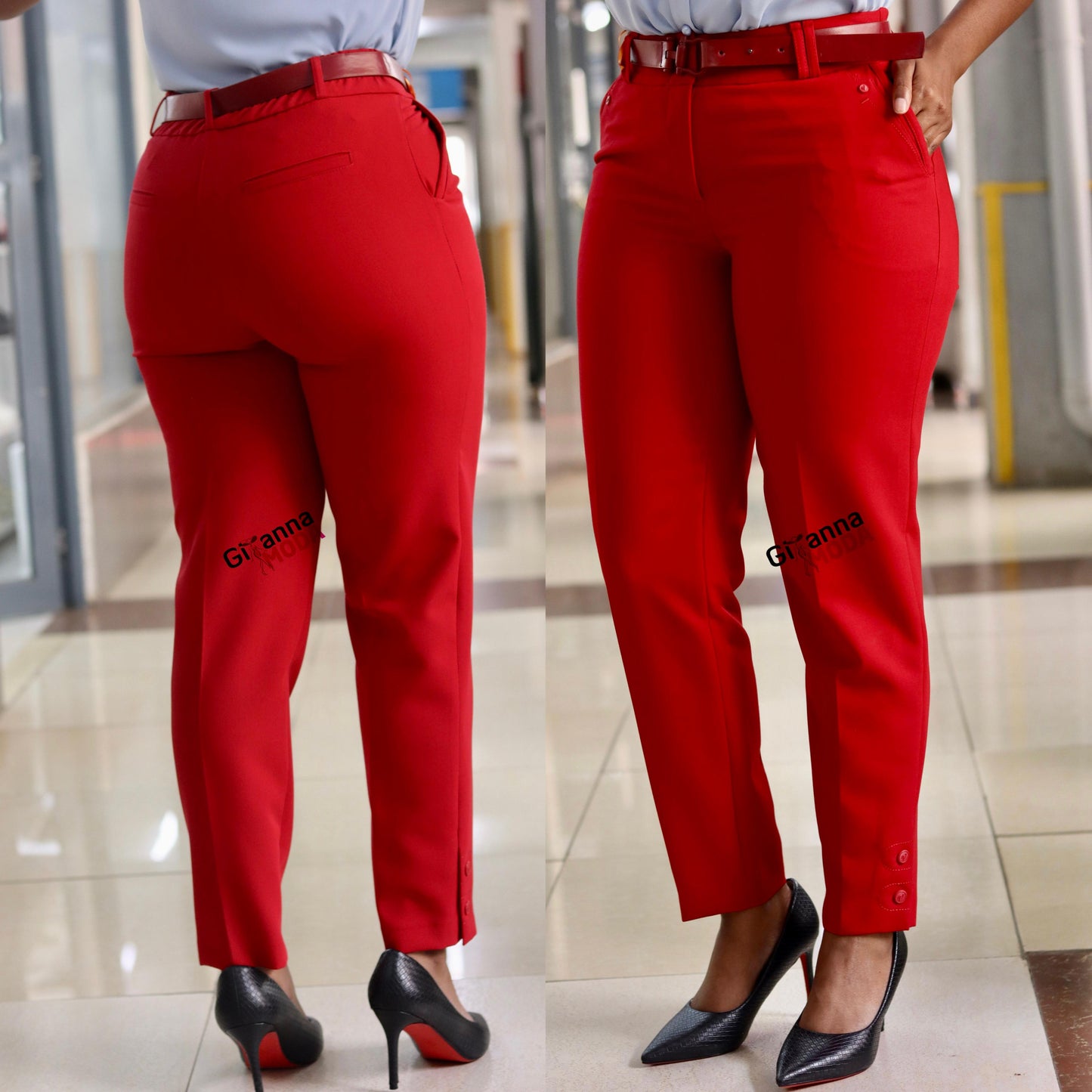 Red Belted Back Band Trouser