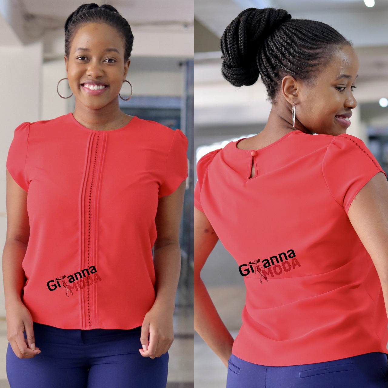 Round Neck Red Cap Sleeved Blouse