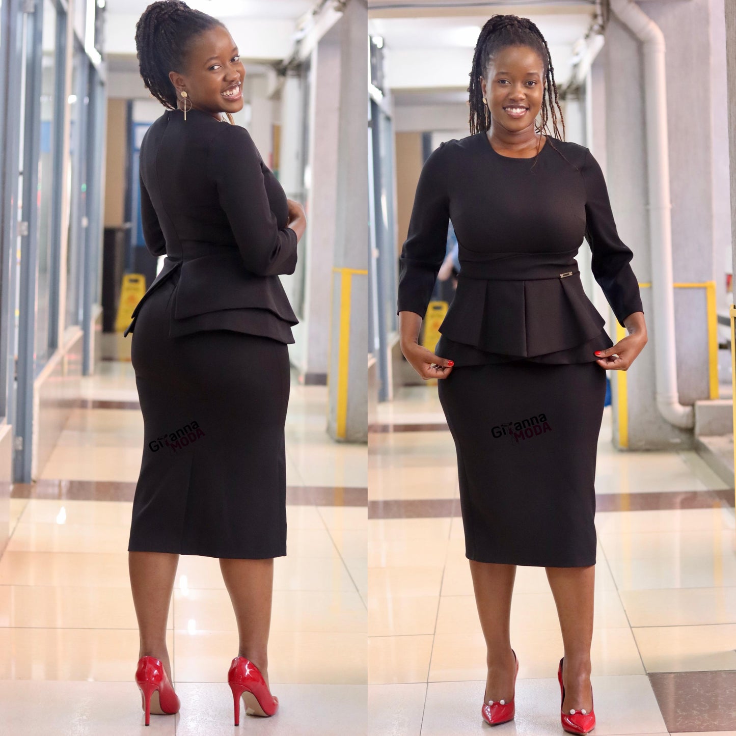 Black Double Peplum 3/4 Sleeve Dress