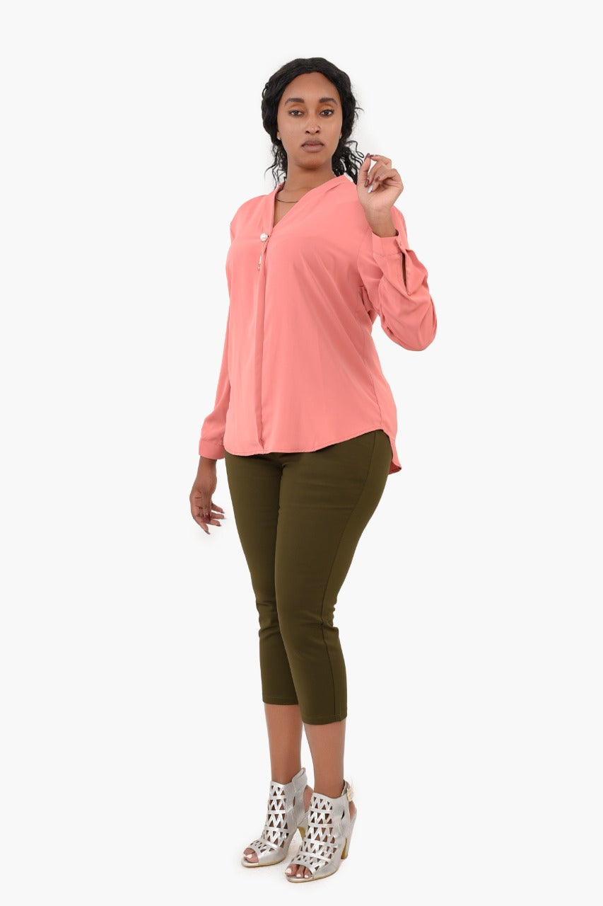 Long Sleeve V-neck Blouse with Front Detail
