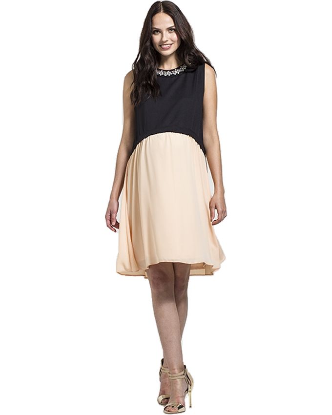 Apricot & Black Embellished Neckline Dress