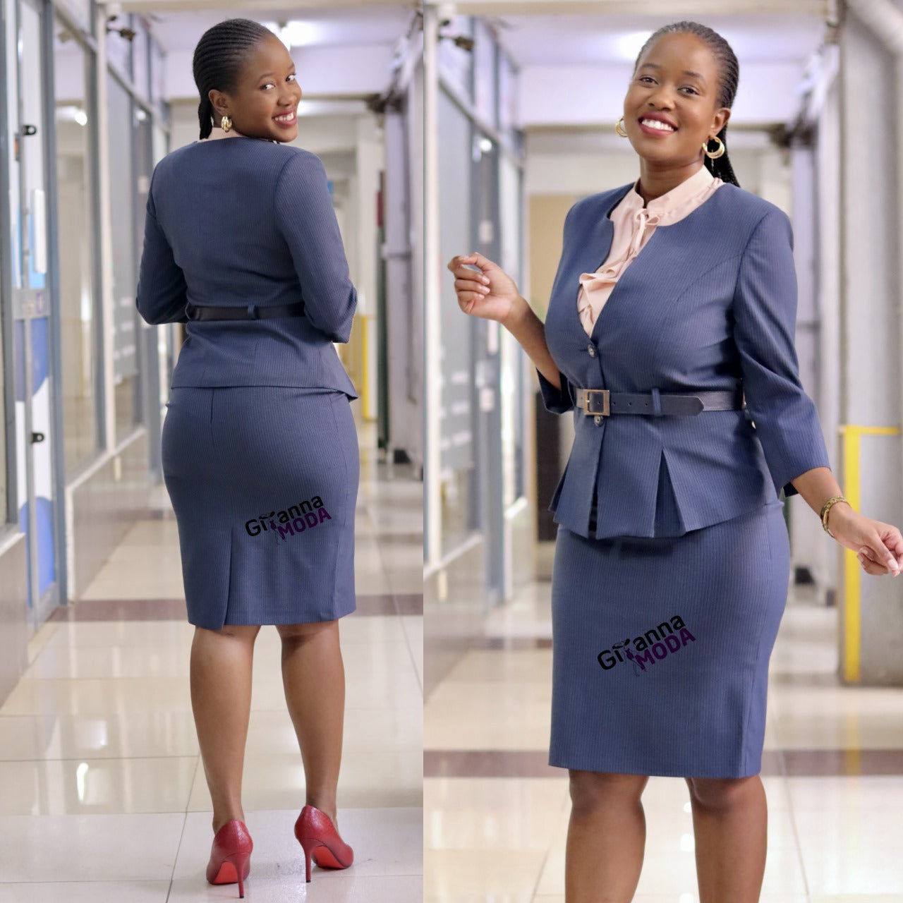 Pinstriped Belted Blazer Skirt Suit