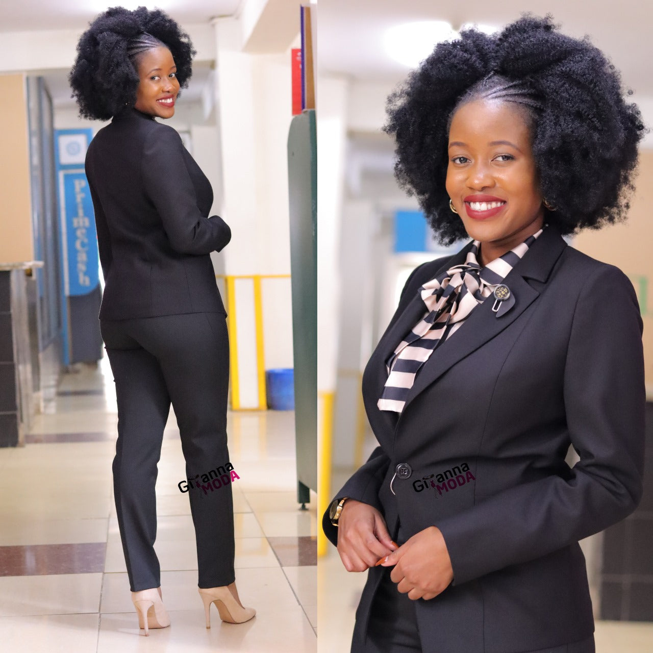 Lapel Collar and Brooch Black Trouser Suit