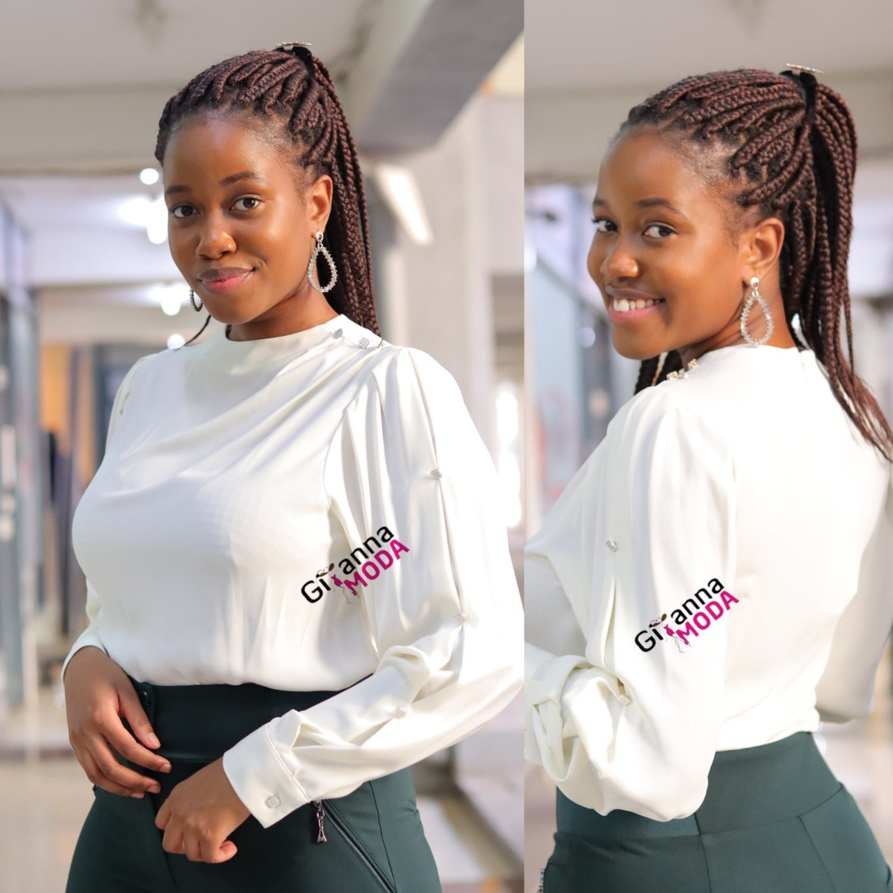 Long Sleeved Button Details Off White Blouse