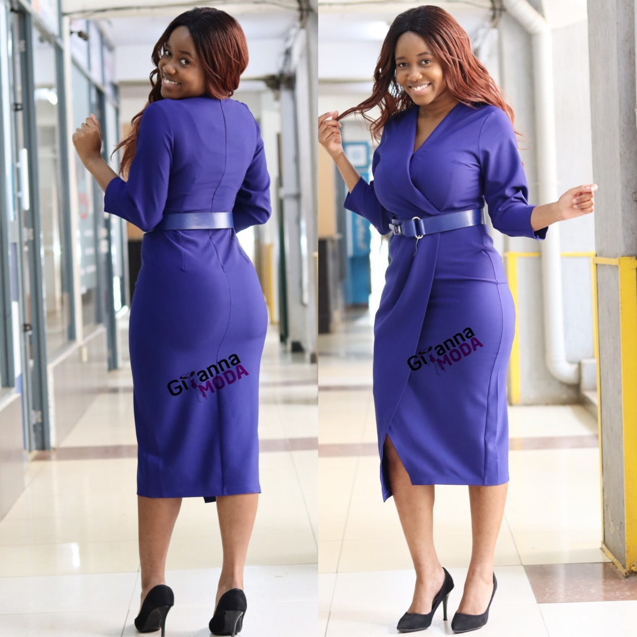 Royal Blue Belted Wrap Bodycon Dress