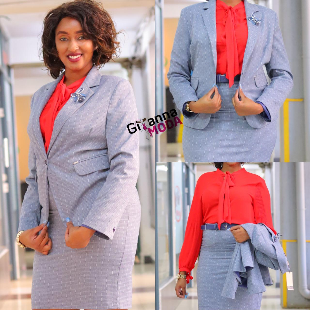 Slim Fit Plaid Skirt Suit in Light Blue
