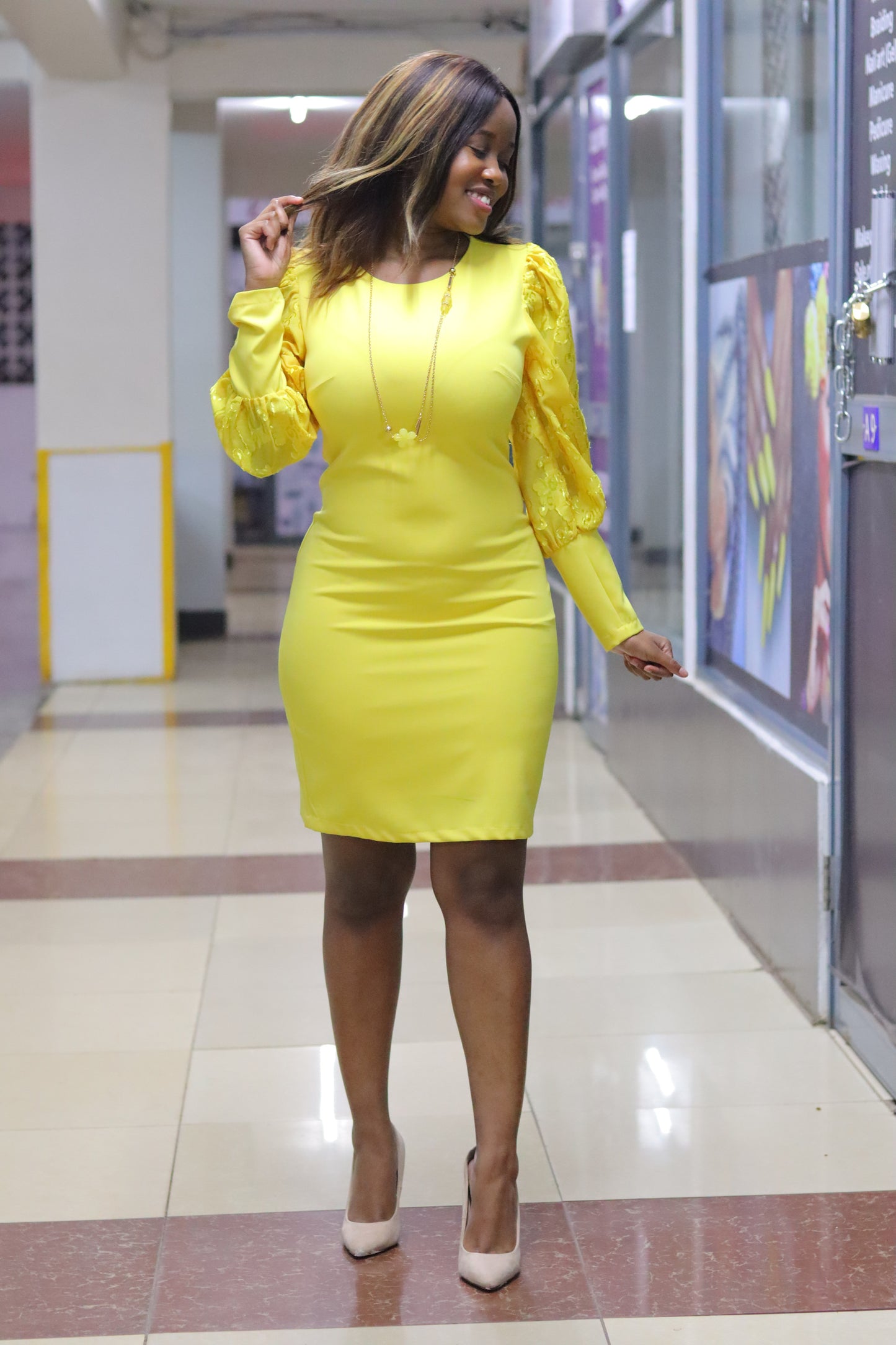 Yellow Long Puff Sleeve Dress