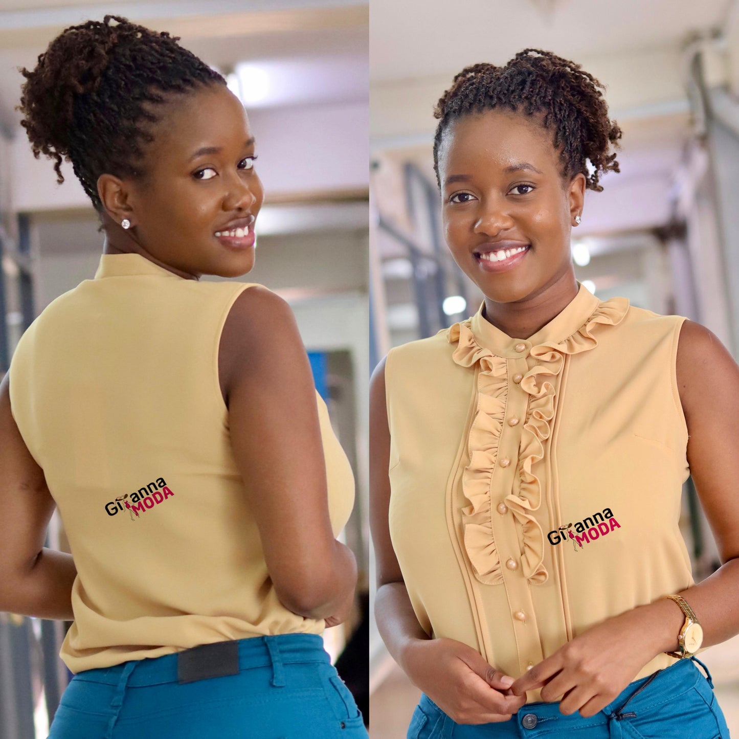 Button Down Mustard Sleeveless Blouse