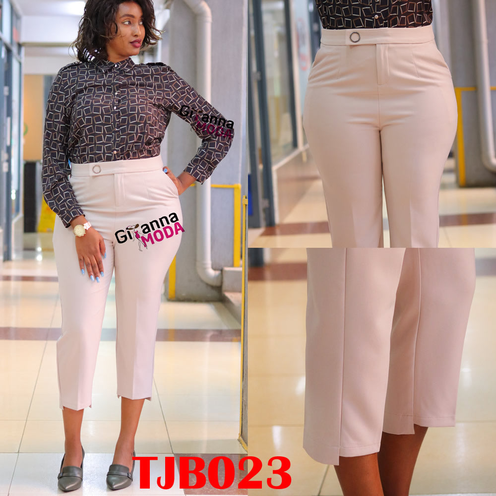 High Waist Beige Cropped Trouser