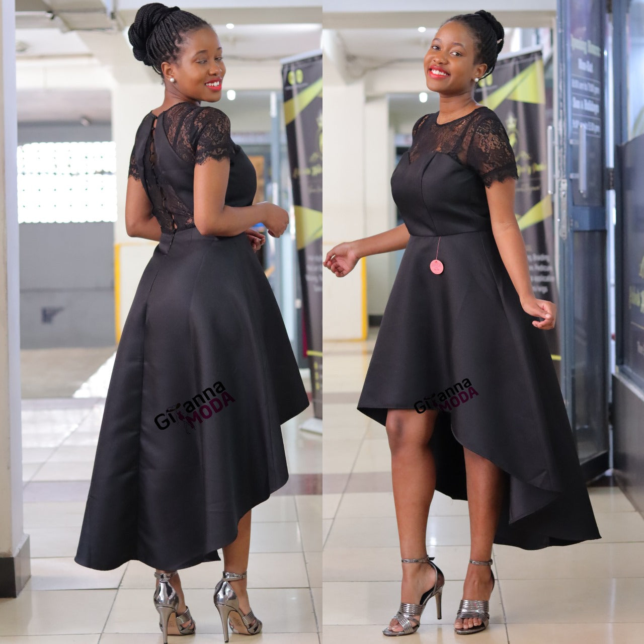 Black Lace Insert Dip Hem Skater