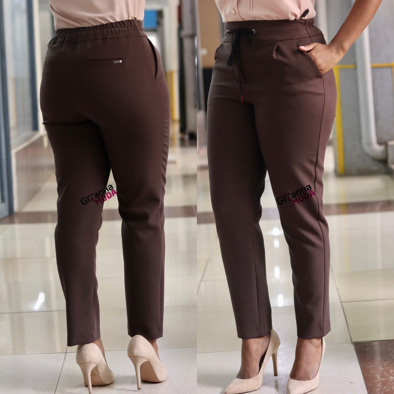 Back Drawstring Band Trouser in Coffee