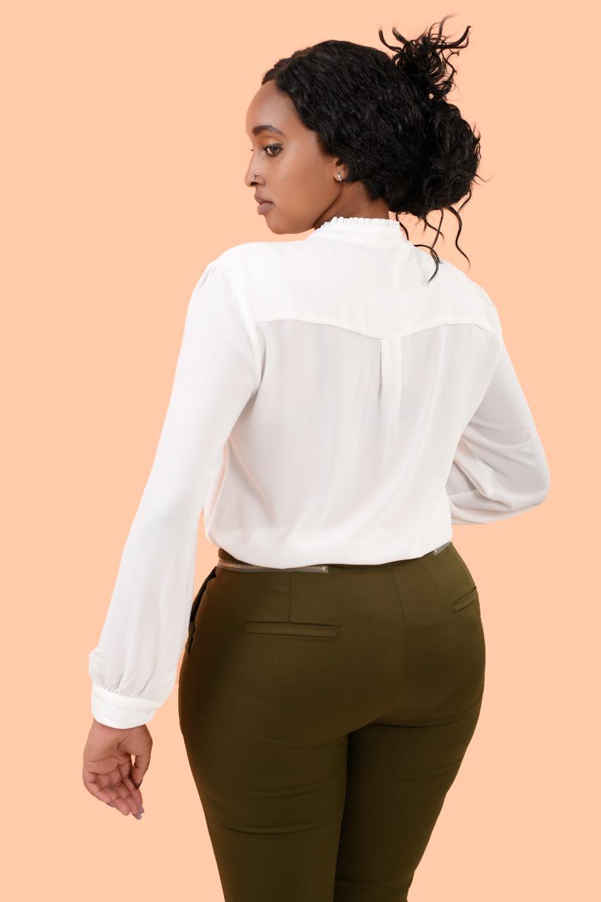 Frill Neck Trim White Long Sleeved Blouse