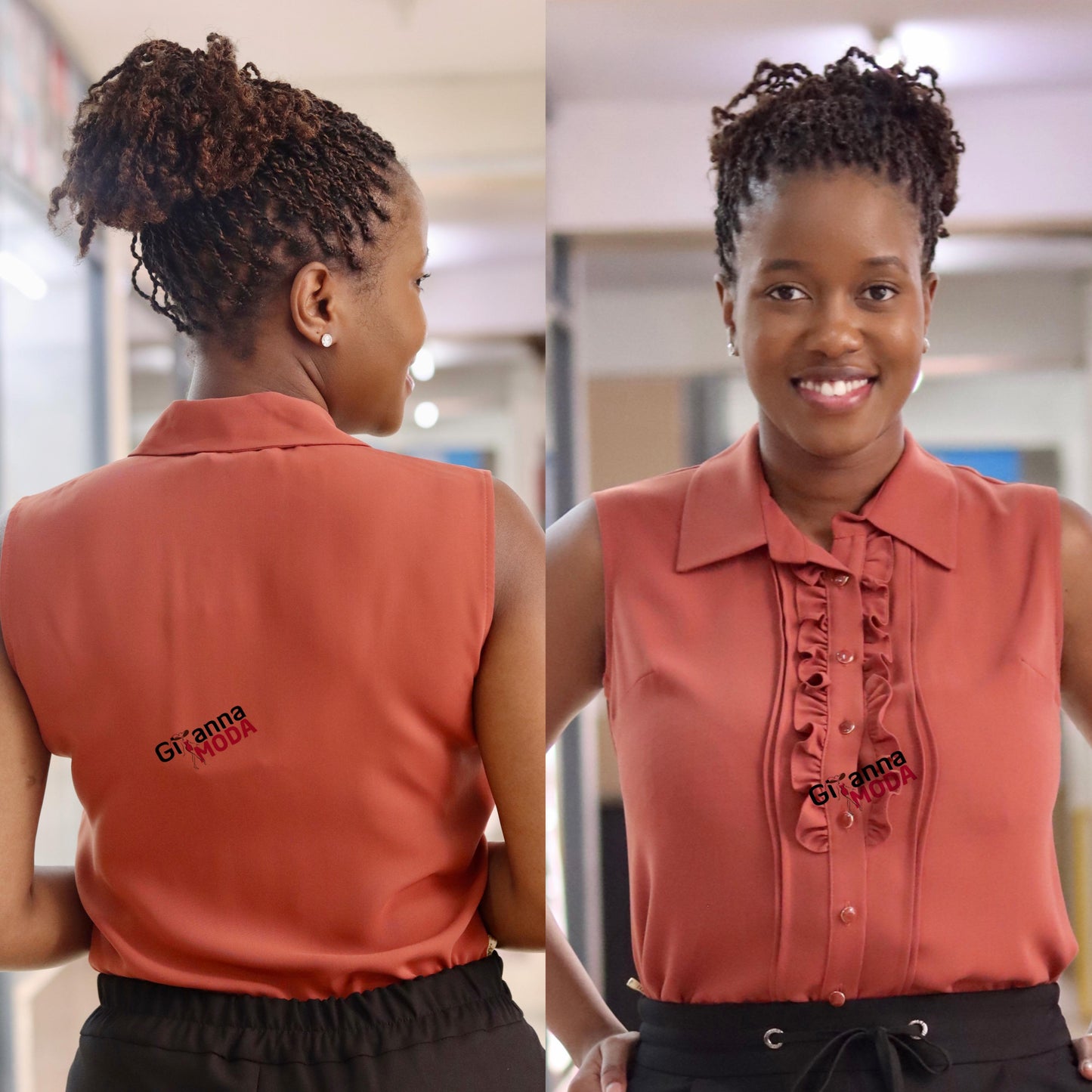 Button Down Burnt Orange Sleeveless Blouse