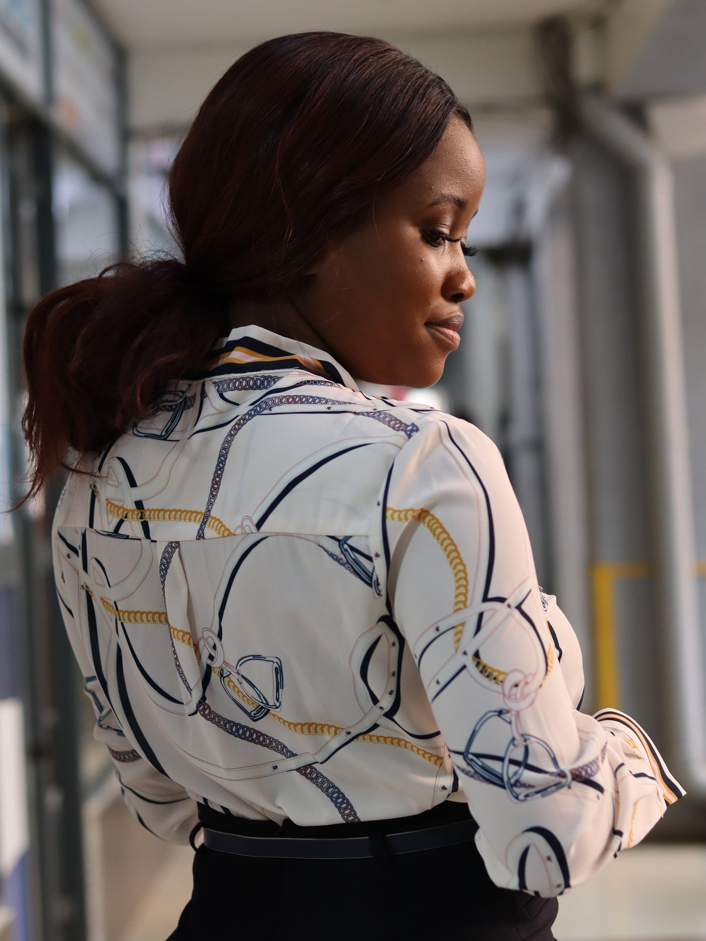 Tie Neck Orange Chain Print Blouse