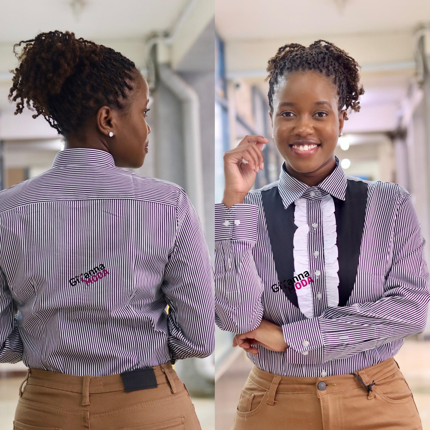 Stripped Frilled Collared Long Sleeve Blouse