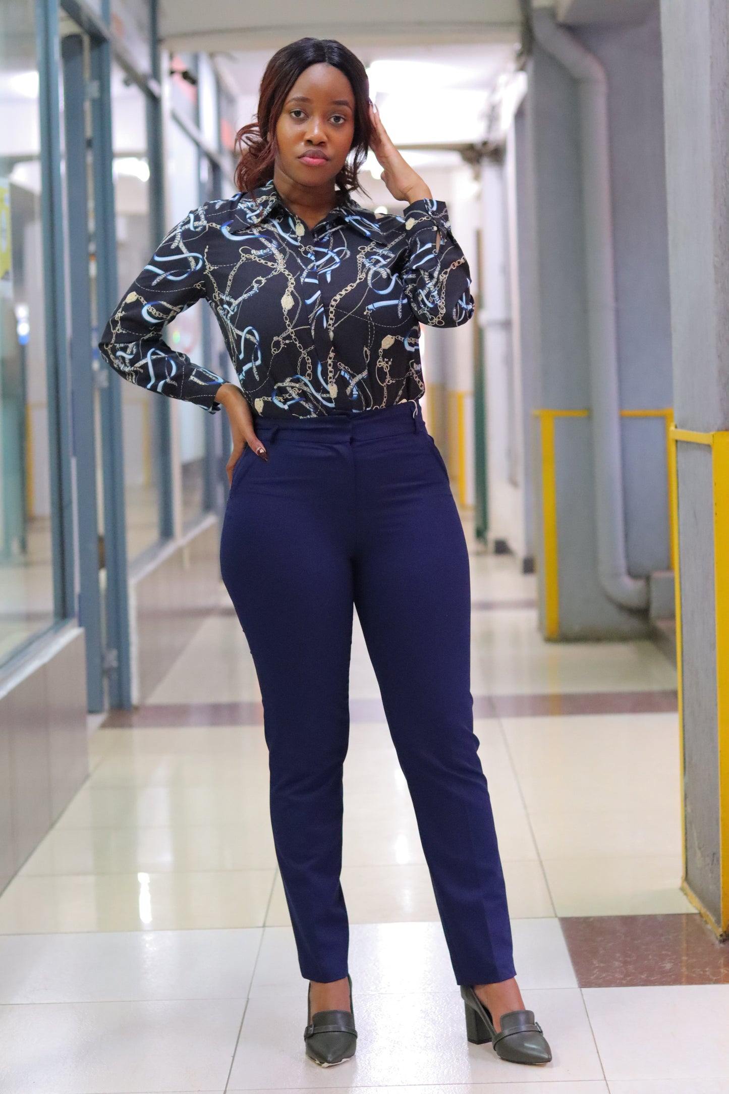 Chain Print Turquoise Collared Blouse