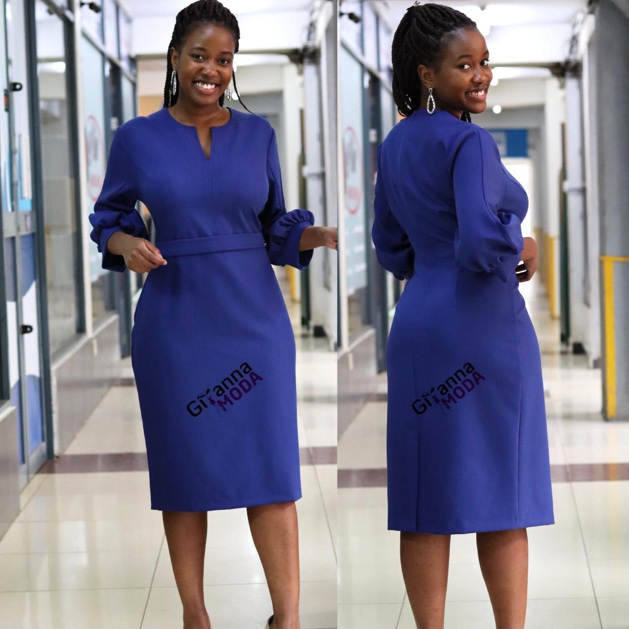 Blue Sleeved V-Neck Bodycon Dress