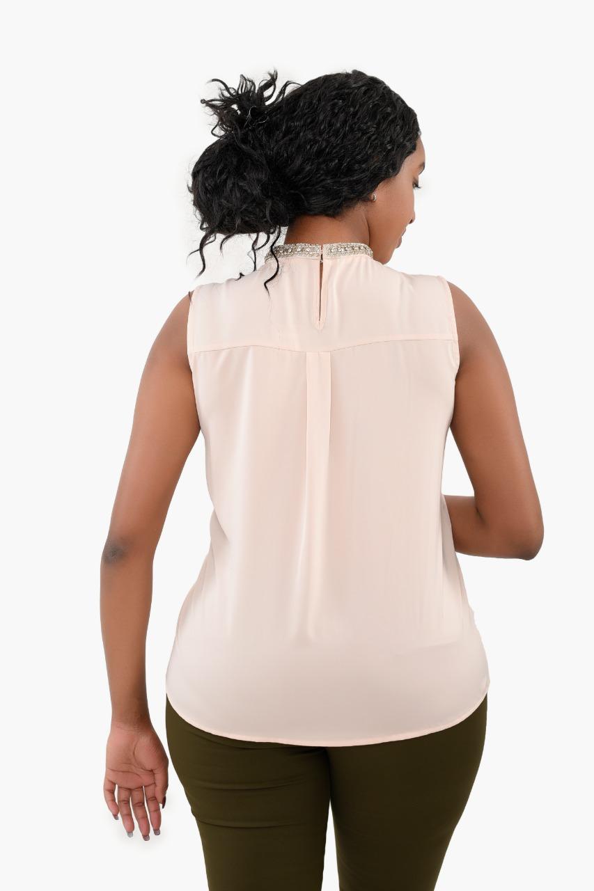 Embellished Crew Neck Beige Sleeveless Blouse