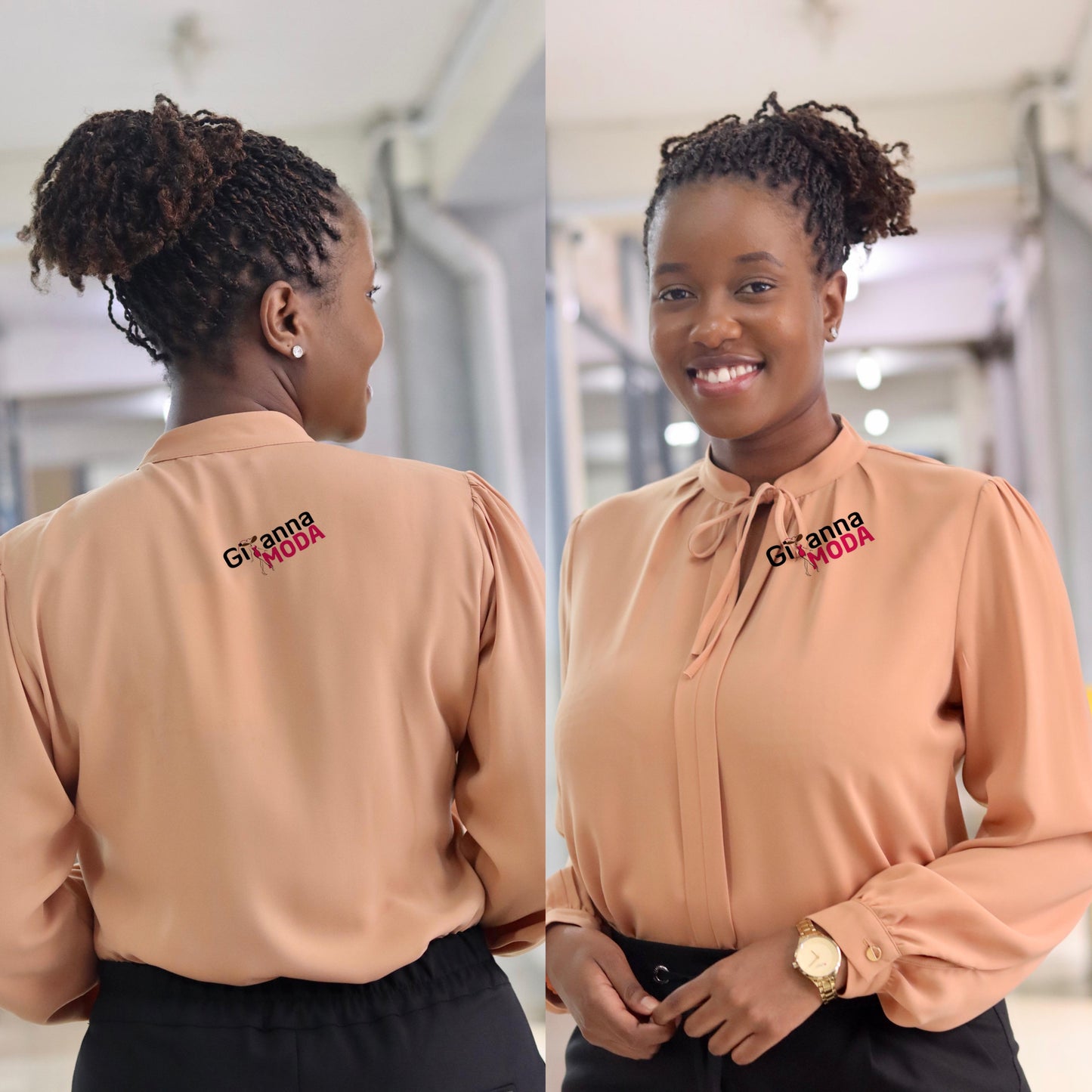 Long Sleeved Tie Neck Apricot Blouse