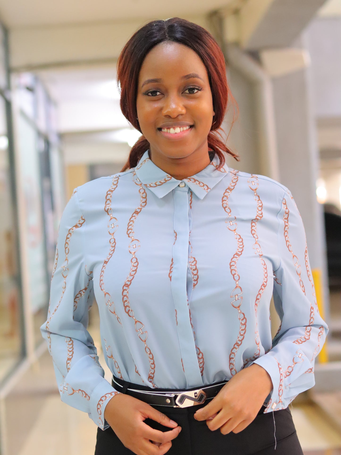 Collared Light Blue Long Sleeved Blouse