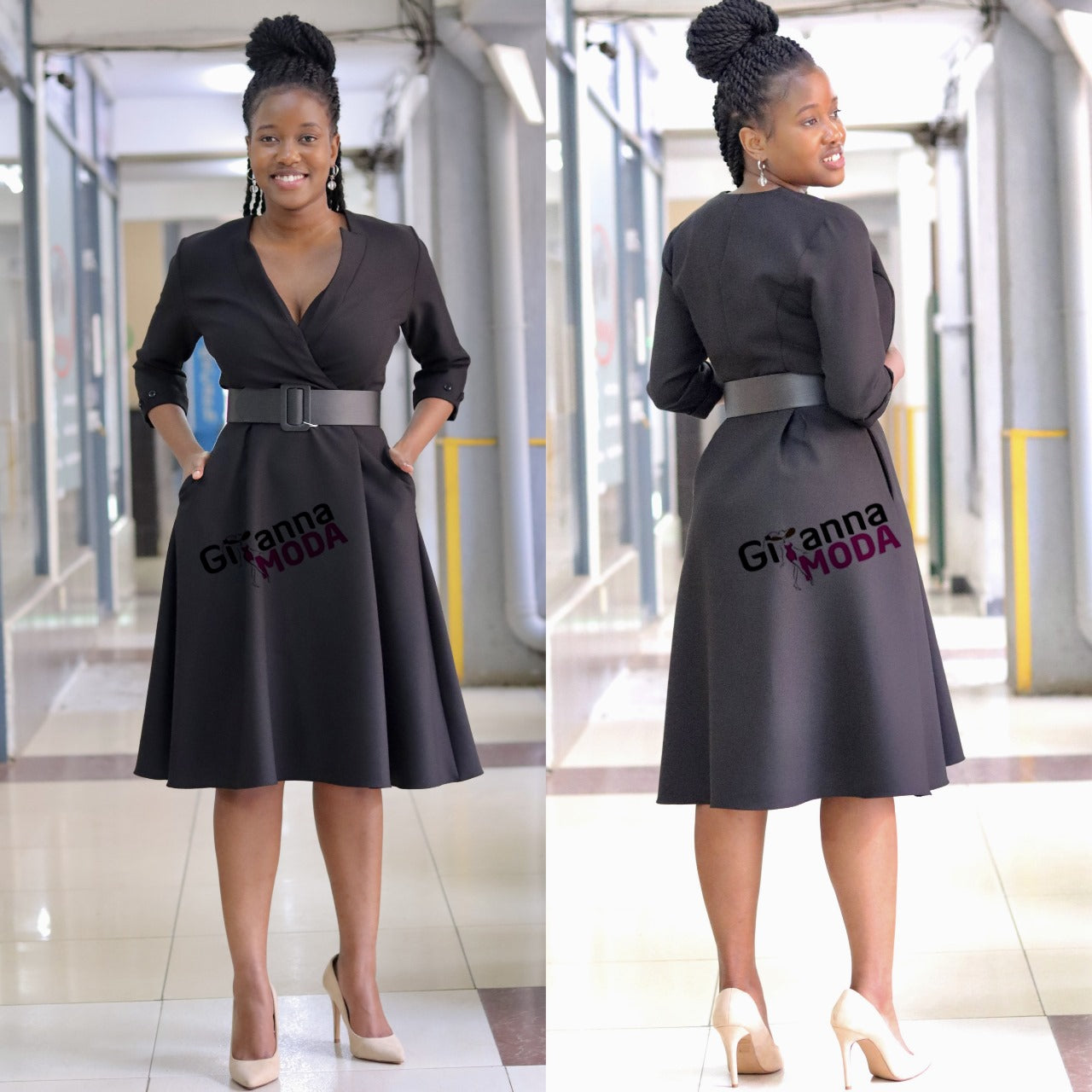 Black V-Neck Belted Skater