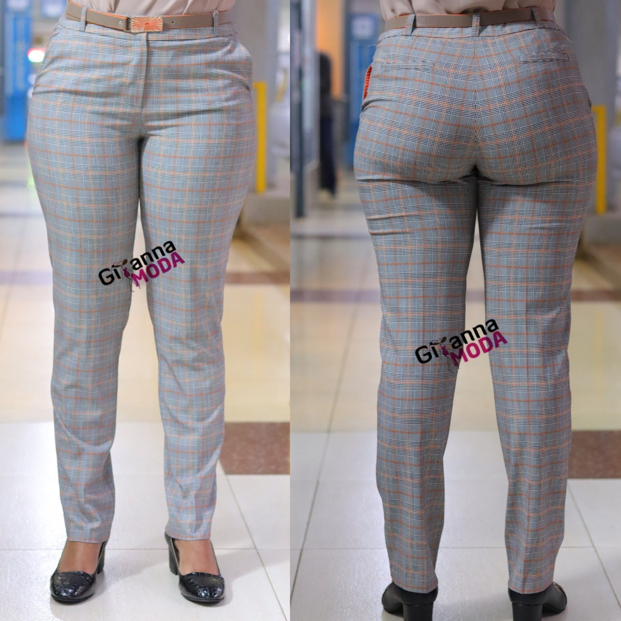 Plaid Orange Print Belted Trouser