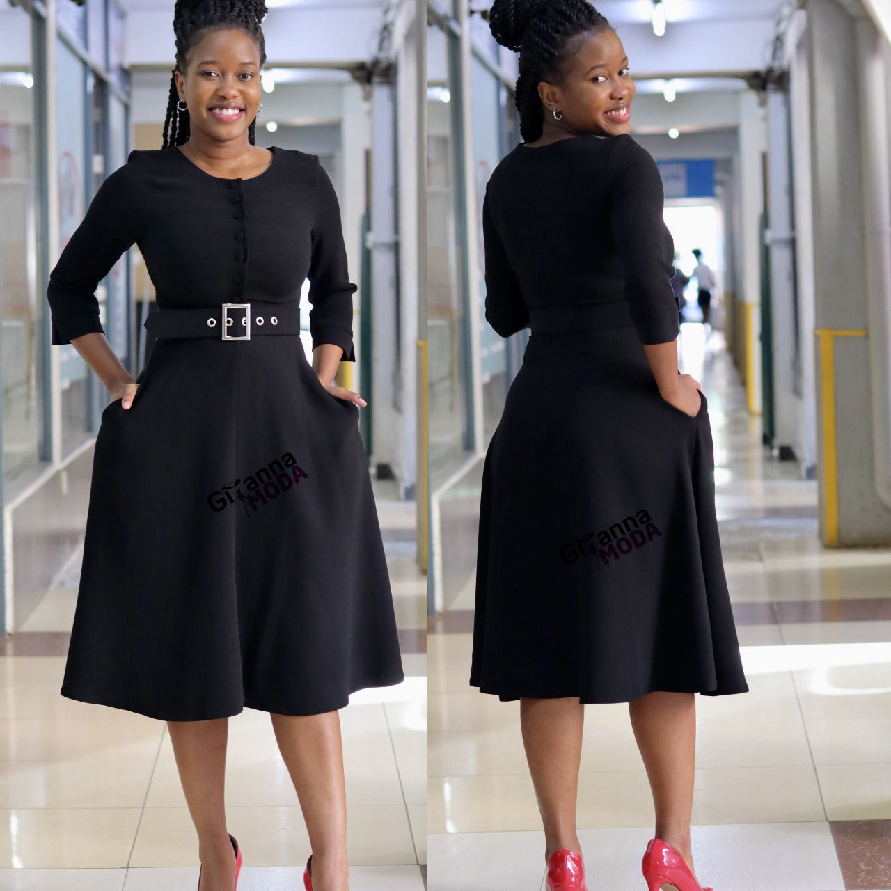 Belted Black Front Button Skater Dress