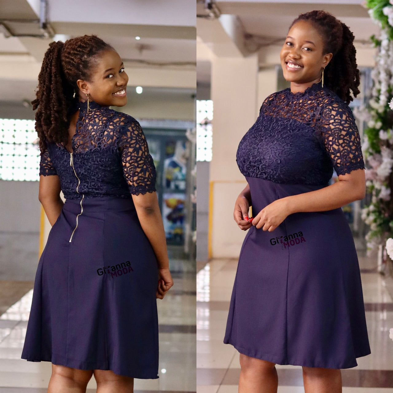 Navy Blue Crotchet Overlay Skater Dress