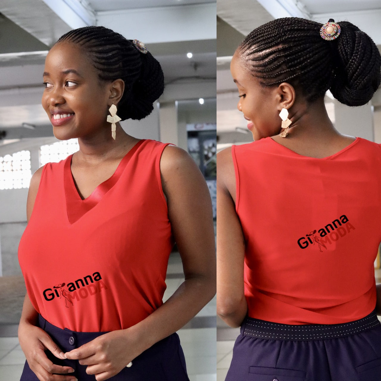 Sleeveless V-Neck Red Blouse